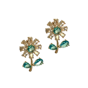 Stone Flower Earrings with Blue Leaves | Costume Jewelry Store