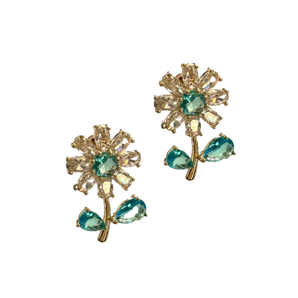 Stone Flower Earrings with Blue Leaves | Costume Jewelry Store